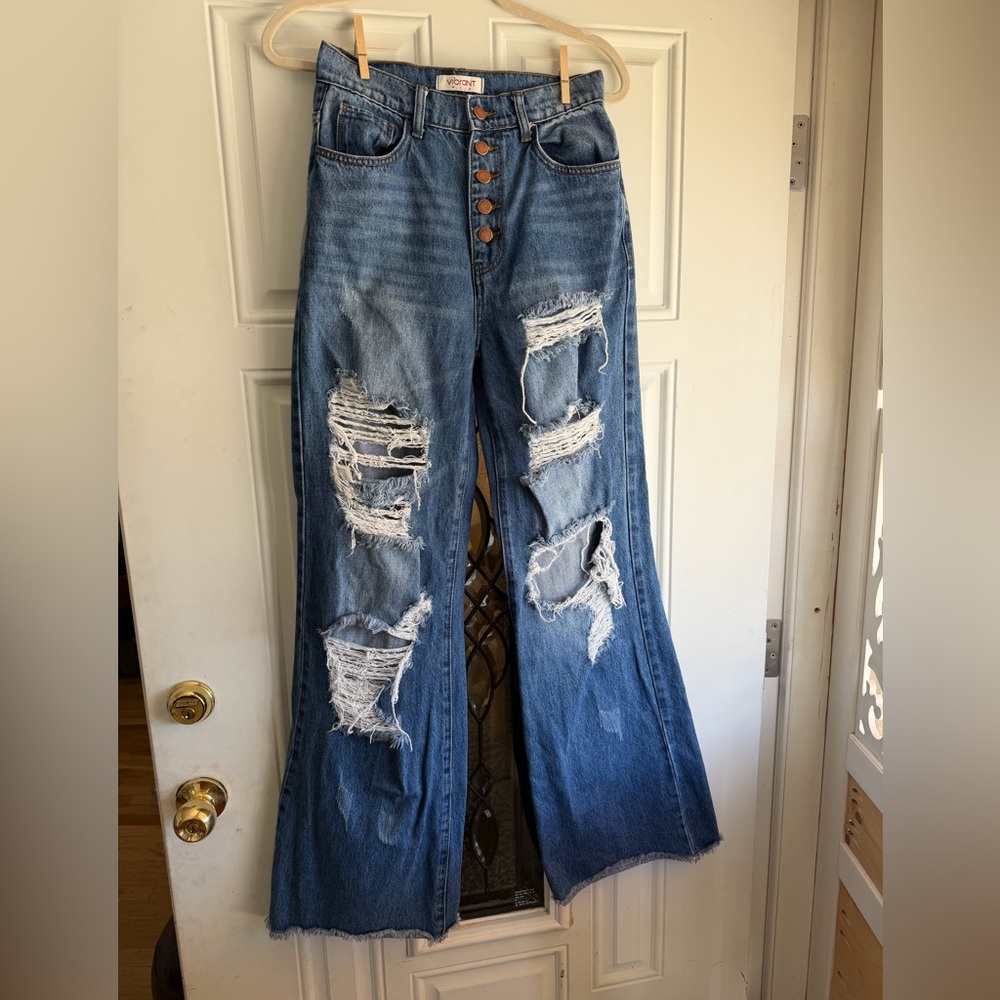 Vibrant Brand High-Waist Distressed Wide-Leg Jeans - Blue